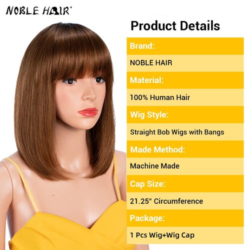 NOBLE HAIR Straight Bob Wigs with Bangs 12 Inch None Lace Front Wigs Machine Made Short Bob Human Hair Wigs for Black Women Glueless Brazilian Virgin Human Hair (12 Inch, TT1B/30)