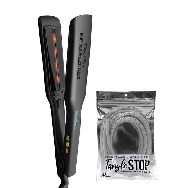 Turbo Power Infrared 480 Black Titanium Flat Iron 1.5 Inch wth M Hair Designs Cord Detangler (Bundle)