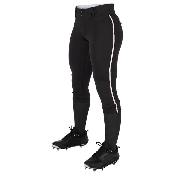 Champro Women's Standard Tournament Low Rise Softball Pants with Side, Black, White Pipe, Medium