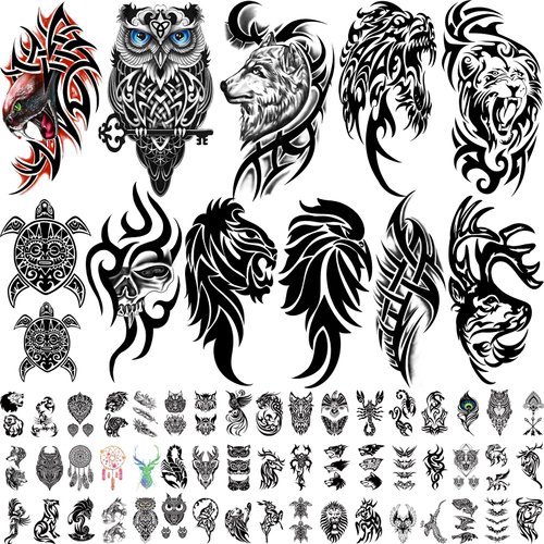 77 Sheets Tribal Temporary Tattoos for Men, 17 Sheets Half Arm Western Tribal Wolf Lion Owl Skull Fake Tattoos Long Lasting for Adults Women, 60 Sheets Black Tiny Tattoos Sticker for Kids Boy Girl