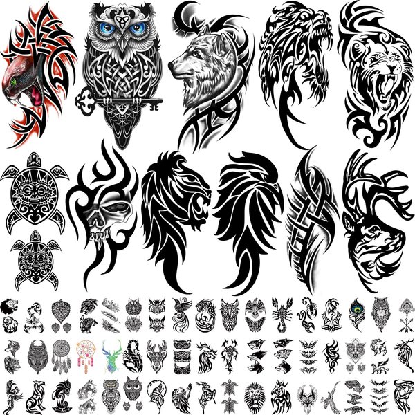 77 Sheets Tribal Temporary Tattoos for Men, 17 Sheets Half Arm Western Tribal Wolf Lion Owl Skull Fake Tattoos Long Lasting for Adults Women, 60 Sheets Black Tiny Tattoos Sticker for Kids Boy Girl