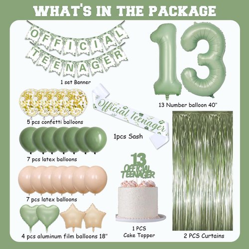 13th Birthday Decorations for Girls Boys, Sage Green Official Teenager Banner 13th Birthday Cake Topper Party Decorations Green Balloons Kit, 13 Years Old Birthday Party Supplies for Teenager and Kids