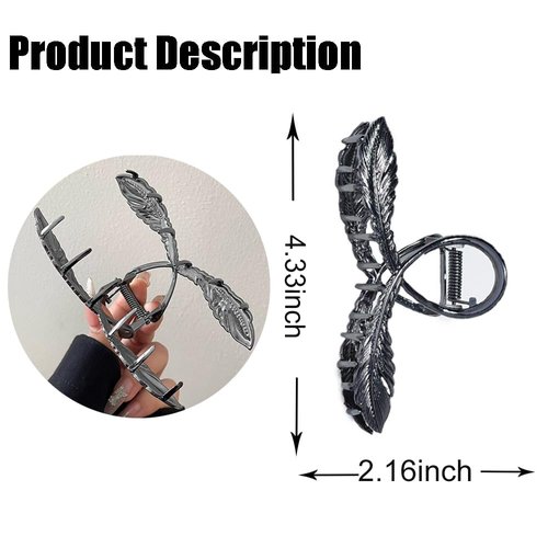 Feather Metal Black Hair Clip Claw Clips 1 Pack Elegant Design Claw Clips for Thick Thin Hair Alloy Feather Hair Jaw Clips No-Slips Shark Hair Clamp Clip Ponytail Holder Hair Accessories for Women