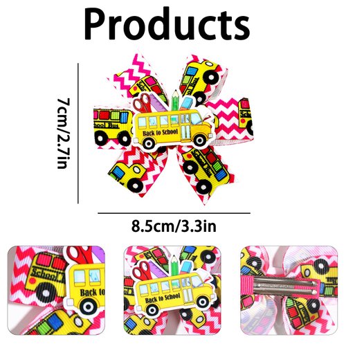 Back to School Hair Bows for Girls Cute Hair Clips School Bows for Girl School Bus Hair Barrettes Red Yellow White Bow Clips for Teacher Ribbon Hair Bow Non-slip Hair Grip Girls Hair Accessories 2Pcs