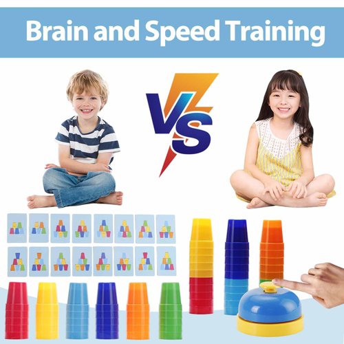 SEISSO Quick Stacking Cups, Stack Cups Set Engaging Educational Speed Training Cup Stacking Set for Kids Games, 30 Stack Cups with 54 Challenge Cards, 1 Bell