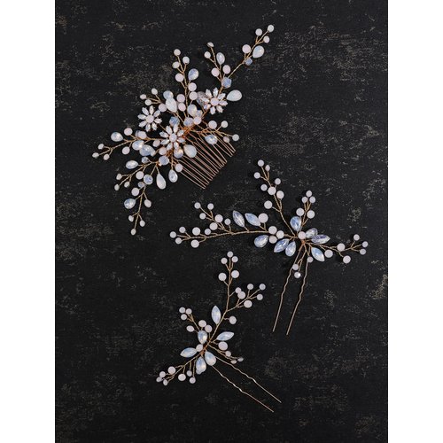 SELFCLOUD Brides Rhinestone Flowers Hair Comb Crystals Hair Pins Bridal Wedding Hair Accessories Hair Piece Jewelry Headpiece for Brides Wedding Women and Girls Proms (3PCS) (GOLD+PROTEIN)
