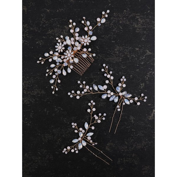 SELFCLOUD Brides Rhinestone Flowers Hair Comb Crystals Hair Pins Bridal Wedding Hair Accessories Hair Piece Jewelry Headpiece for Brides Wedding Women and Girls Proms (3PCS) (GOLD+PROTEIN)
