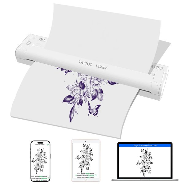 YILONG Tattoo Stencil Printer Wireless Bluetooth Thermal Printer Portable Tattoo Transfer Printer Machine Copier for Tattoo Artists & Beginners, Compatible with Android, iOS Phone & PC (ATS886-White)