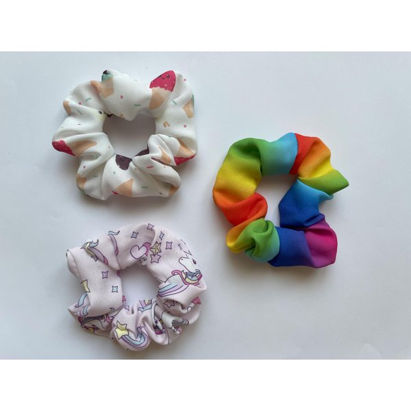 Unicorn Hair Scrunchy Set, Rainbow Colors, Ice Cream Designs, 3 Pack
