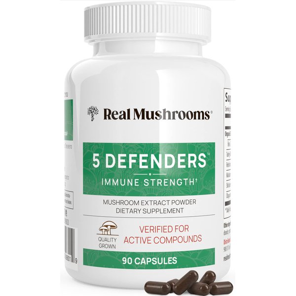 Real Mushrooms 5 Defenders Capsules - Organic Mushroom Extract w/Chaga, Shiitake, Maitake, Turkey Tail, & Reishi - Mushroom Supplement for Brain, Focus, & Immune Support - Vegan, Non-GMO, 90 Caps