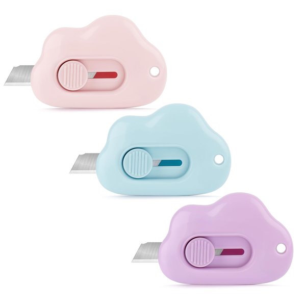Box Cutters - 3 Pack Retractable Letter Opener, Adorable Cloud Tiny Paper Cutter for Key Chain Pocket Bag Package Envelope Mail Letter Box Paper DIY Projects for Girls and Boys