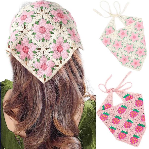 Acenail Hair Bandanas Women Strawberry Crochet Bandana Headbands Wide Elastic Floral Hair Scarfs Tie Back Knitted Head Kerchief Headband Boho Head Wraps Summer Hair Accessories for Women Girls 2Pcs