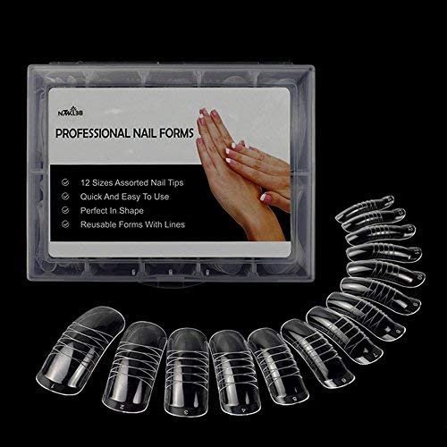 NMKL38 140PCS/Box Clear Dual Forms Acrylic Nail System UV Gel Nail Mold Full Cover Fasle Nail Tips with Scale 12 Size Manicure Pedicure Tools for Polygel Nail Tips