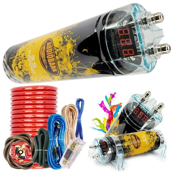 Audiobank 3.5 Farad Capacitor Car Audio 3500 Watts Power 12V Car Digital Power and Audiotek AT-BCC4AR-RED Complete 4 Gauge Car Amplifier Installation Wiring Kit