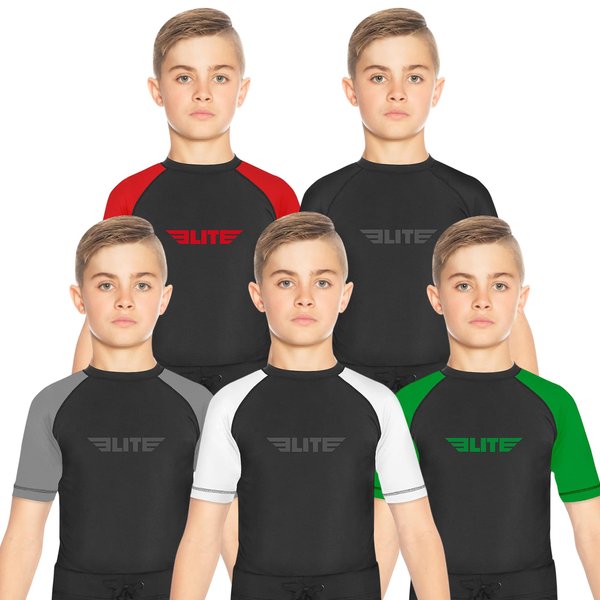Elite Sports Rash Guards for Boys and Girls, Short Sleeve Compression BJJ Kids and Youth Rash Guard (Black, Medium)