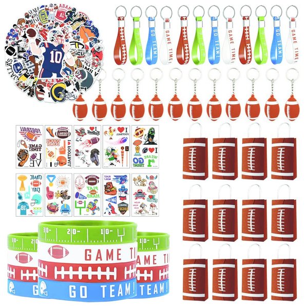 108 Pcs Football Party Favor Set Football gift bags Football Silicone Keychain Silicone Bracelet Stickers tattoo stickers Prefect for Football theme Party and Birthday Party supplies decorations