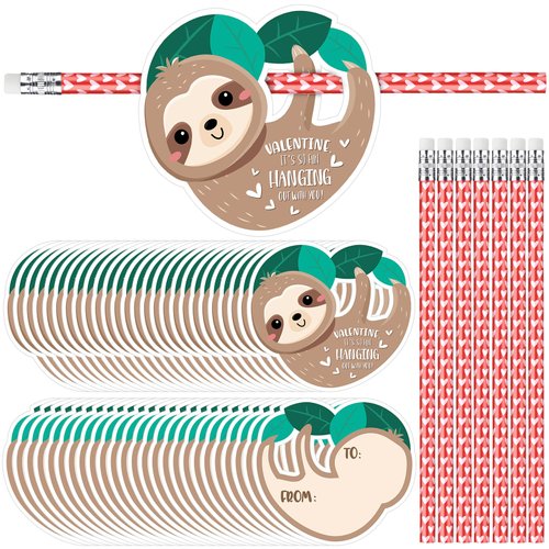 Dunzoom 36 Sets Sloth Valentine's Day Exchange Gifts for Kids Valentine's Day Pencils Hugger with Sloth Valentine's Day Cards Heart Pencils with Erasers for School Prize Classroom Gifts Party Favors