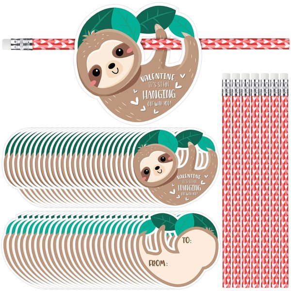 Dunzoom 36 Sets Sloth Valentine's Day Exchange Gifts for Kids Valentine's Day Pencils Hugger with Sloth Valentine's Day Cards Heart Pencils with Erasers for School Prize Classroom Gifts Party Favors