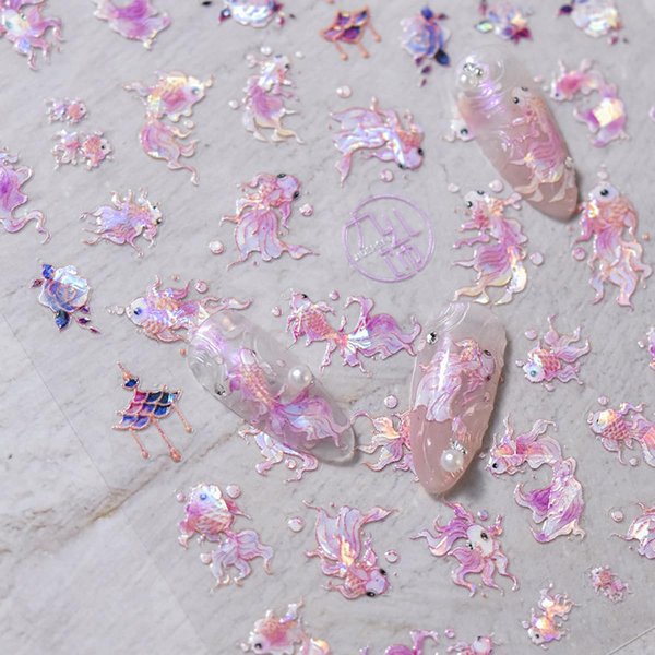 Pink Kio Fish Nail Art Stickers 5D Embossed Nail Decals Pink Self-Adhesive Fish Chinese Style Nail Art Supplies Lucky Goldfish Manicure Sliders Kawaii Stickers for Women Girls DIY Nail Art Decorations