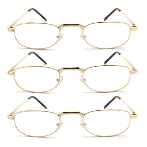 EYE ZOOM 3 Pairs Metal Vintage Reading Glasses with Spring Hinge for men women (Gold, Strength: +1.75)