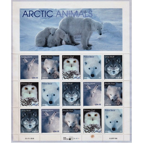 USPS Arctic Animals (Arctic Hare, Arctic Fox, Snowy Owl, Polar Bear, and Gray Wolf) (Sheet of 15) 33 Cent Postage Stamps 1999 Scott #3288-3292