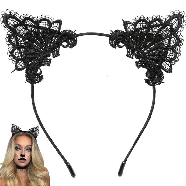 Cat Ears Headband Black Cat Ear for Adult Women Girls Cute Lace Kitten Headband Halloween Costume Party Cosplay Hair Accessories