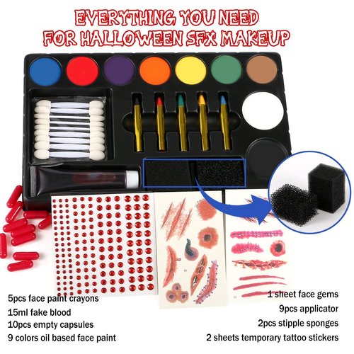 Bowitzki Halloween SFX Makeup Kit with 9 colors Oil Based Face Paint Colors,Empty Capsules,Temporary Tattoo Stickers,Fake Blood,Stipple Sponges,5pcs Face Paint Crayons, Applicator,1 sheet gems