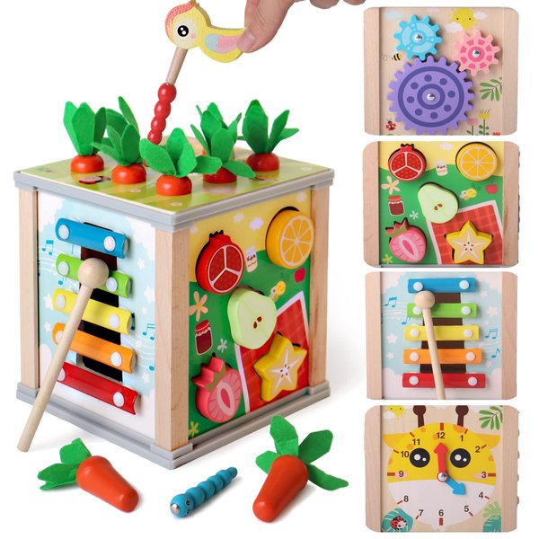 BESTAMTOY 6 in 1 Wooden Activity Cube,Montessori Baby Toys for 3 Year Old, Sorting & Stacking Board, Montessori Early Educational Toys, Boy and Girl Birthday Gift