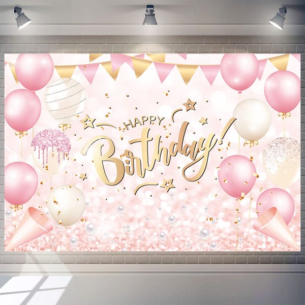Pink Happy Birthday Banner Backdrop Pink and Rose Gold Happy Birthday Party Decorations Supplies for Women and Girls Happy Birthday Banner Baby Shower Sweet 16 Photography Background 5x3ft