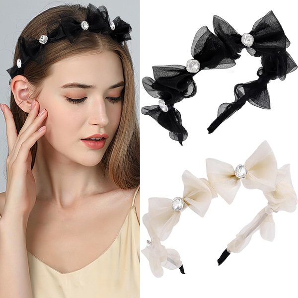 Yovic Bow Headbands Thin Crystal Hairbands Rhinestone Bows Headpiece Tulle Bow Knotted Women Hair Accessories for Party Costume (Black)