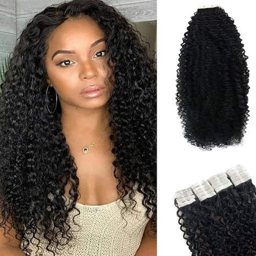 Tape in Hair Extensions Human Hair, Human Hair Extensions for Black Women, 22Inch Black Hair Tape in Extensions, 20PCS 50g/Set 100Grams Suggested Curly Hair Extensions