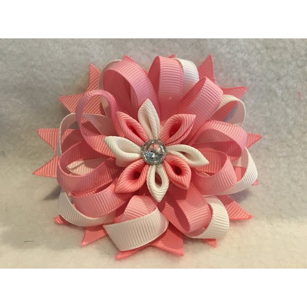 Grosgrain Ribbon Hair Bow, Stacked Hair Bow, Flower Hair Bow, Pink Hair Bow, Kanzashi Flower Hair Clip