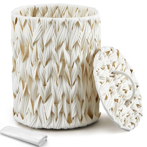 Ctosree 1.3 Gallons Small Wicker Trash Can with Lid Handle Boho Woven Braided Bathroom Waste Basket Trash Can with 100 Garbage Bags for Bedroom Office Laundry(Cream White,Braided Polypropylene)