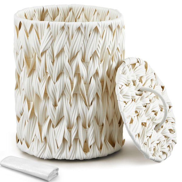 Ctosree 1.3 Gallons Small Wicker Trash Can with Lid Handle Boho Woven Braided Bathroom Waste Basket Trash Can with 100 Garbage Bags for Bedroom Office Laundry(Cream White,Braided Polypropylene)