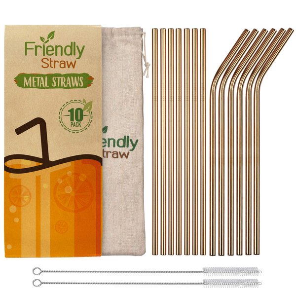 Friendly Straw 10 Pack 8.5" x .25" Reusable Metal Straws, 5 Straight 5 Elbow Stainless Steel Drinking Straws With Free Brushes and Pouch (Copper Finish)