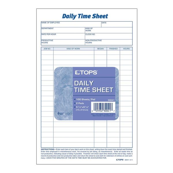 TOPS Daily Employee Time And Job Sheet, 6 x 9.5 Inches, 100 Sheets per Pad, 2 Pads/Pack (30041)