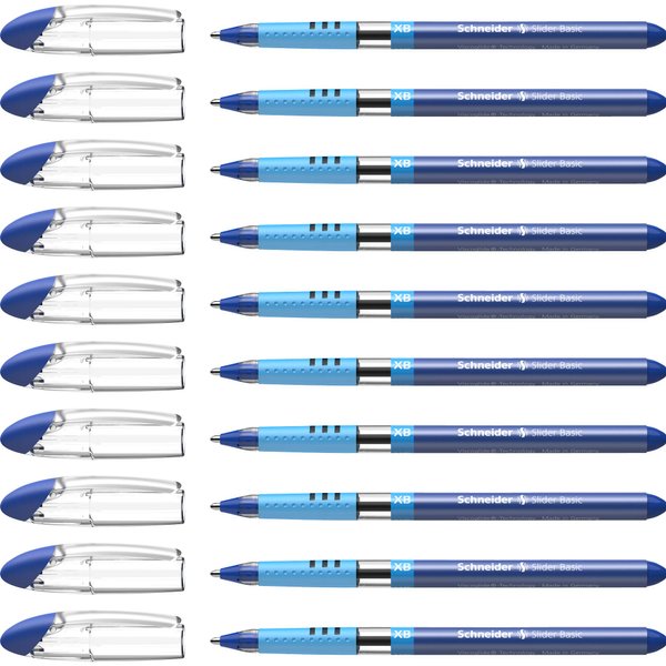 Schneider Slider Basic XB (Extra Broad) Ballpoint Pen, 1.4 mm, Transparent Barrel, Blue Ink, Box of 10 Pens (151203)