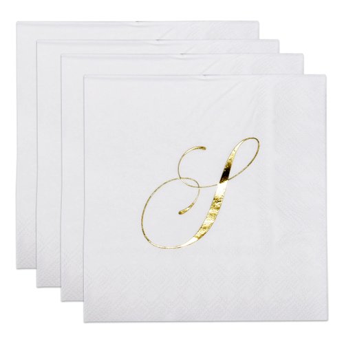 Gift Boutique 100 Gold Monogram Cocktail Napkins Letter S Disposable Paper Pack Elegant Metallic Golden Foil Hand Napkin for Powder Room Wedding Holiday Birthday Party Baby Shower Decorative Towels