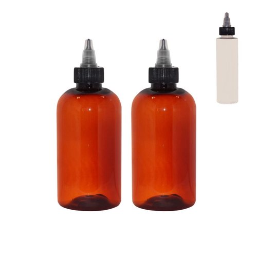 Set of 2 Hair Applicator Plastic Bottles + BONUS 8 oz Natural Bottle | 8 oz Amber Squeeze Boston Round Bottles with Twist Top Dispensing Caps | Yorker Caps for Hair, Oil, Shampoo, Skin Care