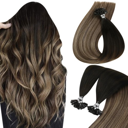Sunny U Tip Hair Extensions Human Hair Ombre Prebonded Keratin Hair Extensions Utip Black Ombre Dark Brown Balayage Ash Blonde Utips Real Hair Extensions Hot Fusion Silky Hair 50g 20inch