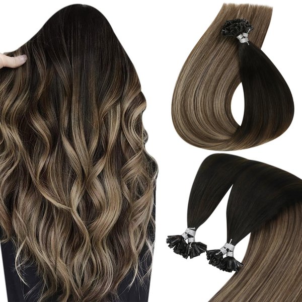 Sunny U Tip Hair Extensions Human Hair Ombre Prebonded Keratin Hair Extensions Utip Black Ombre Dark Brown Balayage Ash Blonde Utips Real Hair Extensions Hot Fusion Silky Hair 50g 20inch