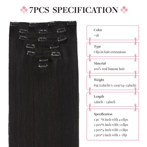 MAXITA Clip in Hair Extensions Real Human Hair, 18 Inch Natural Black 7pcs 120g, Remy Human Hair Extensions Clip in Black Hair Extensions Straight Natural Hair for Woman
