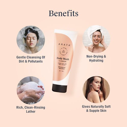 Arata Hydrating & Non-Drying Body Wash With Ayurvedic Coconut & Citrus | All Natural, Vegan & Cruelty-Free | Gentle Cleansing For Women & Men | No SLS, No Parabens - 2.5 Fl Oz