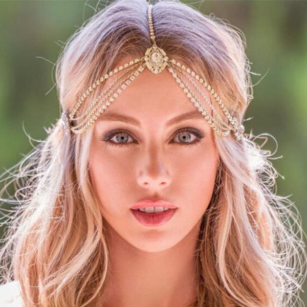 CAKURE Rhinestone Boho Head Chain Jewelry Gold Hair Chains Layered Bride Wedding Headpiece Jewelry Festival Halloween Costume Hair Accessories for Women