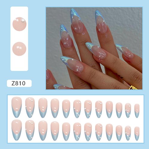 Press on Nails Almond Blue French Tip 24Pcs Glossy Full Cover Acrylic Medium Reusable Blue False Nails with Pearl Designs Natural Artificial Almond Fake Nails with Glue Stick on Fingernails for Women