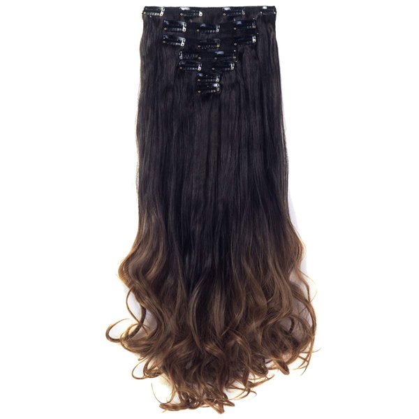 LELINTA 7Pcs 16 Clips 24 Inch Wavy Curly Full Head Clip in on Double Weft Hair Extensions Dark Brown To Ginger Brown
