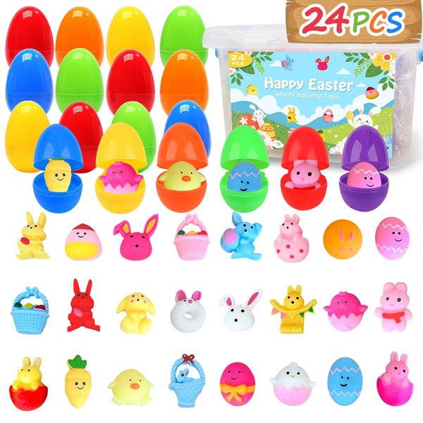 24PCS Easter Eggs with Easter Mochi Squishy Toys for Easter Egg Hunt, Easter Egg Fillers Party Favors, Classroom Prize Supplies Gifts for Toddler Boys Girls