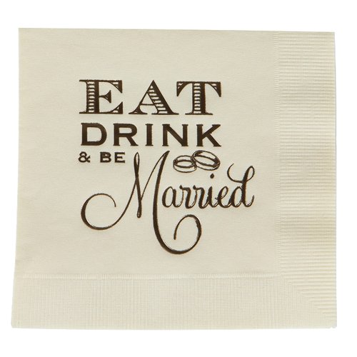 Funky Junque Eat Drink and Be Married Beige Disposable Napkins 25 Pack 3-Ply Just Married Cocktail Napkins for Weddings Parties