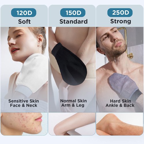 LOTTA Exfoliating Glove 3 Pcs Exfoliator Mitt Body Scrub 120D 150D 250D Shower Body Scrub Mitts Deep Skin for Cleanse Dead or Dry Skin 100% Viscose Fiber Suitable for Men and Women Black Gray White