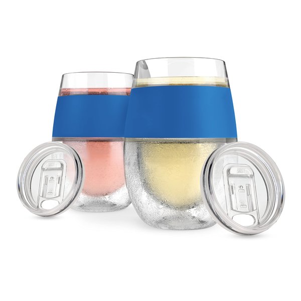 Host Cooling Wine Freeze Cup with Lid, Set of 2 Plastic Double Wall Insulated Wine Tumbler Freezable Drink Vacuum Cup with Freezing Gel, Wine Glasses for Red and White Wine, Gift Essentials, Blue